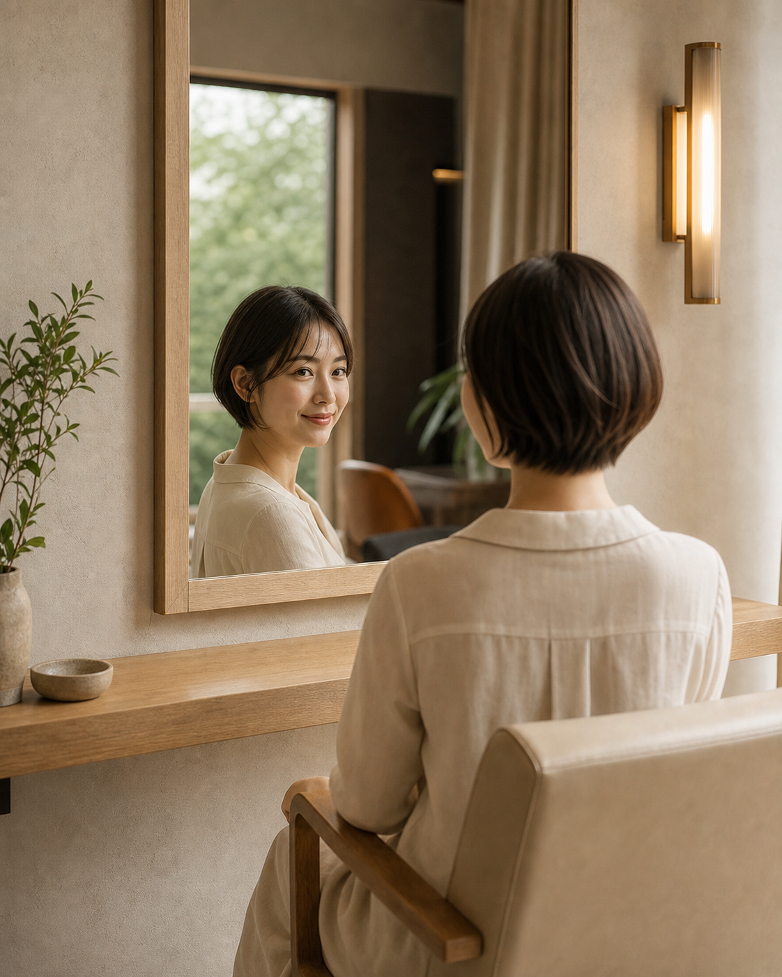 鏡で仕上がりを確認する日本人女性