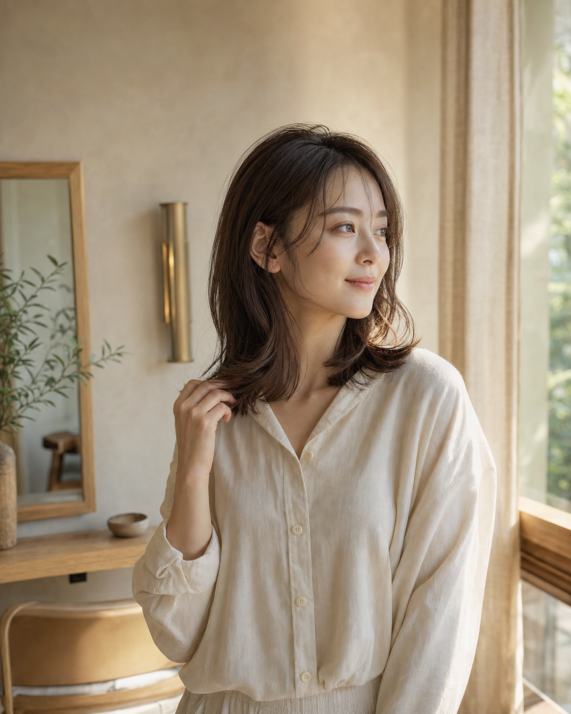 髪の質感を確かめる日本人女性