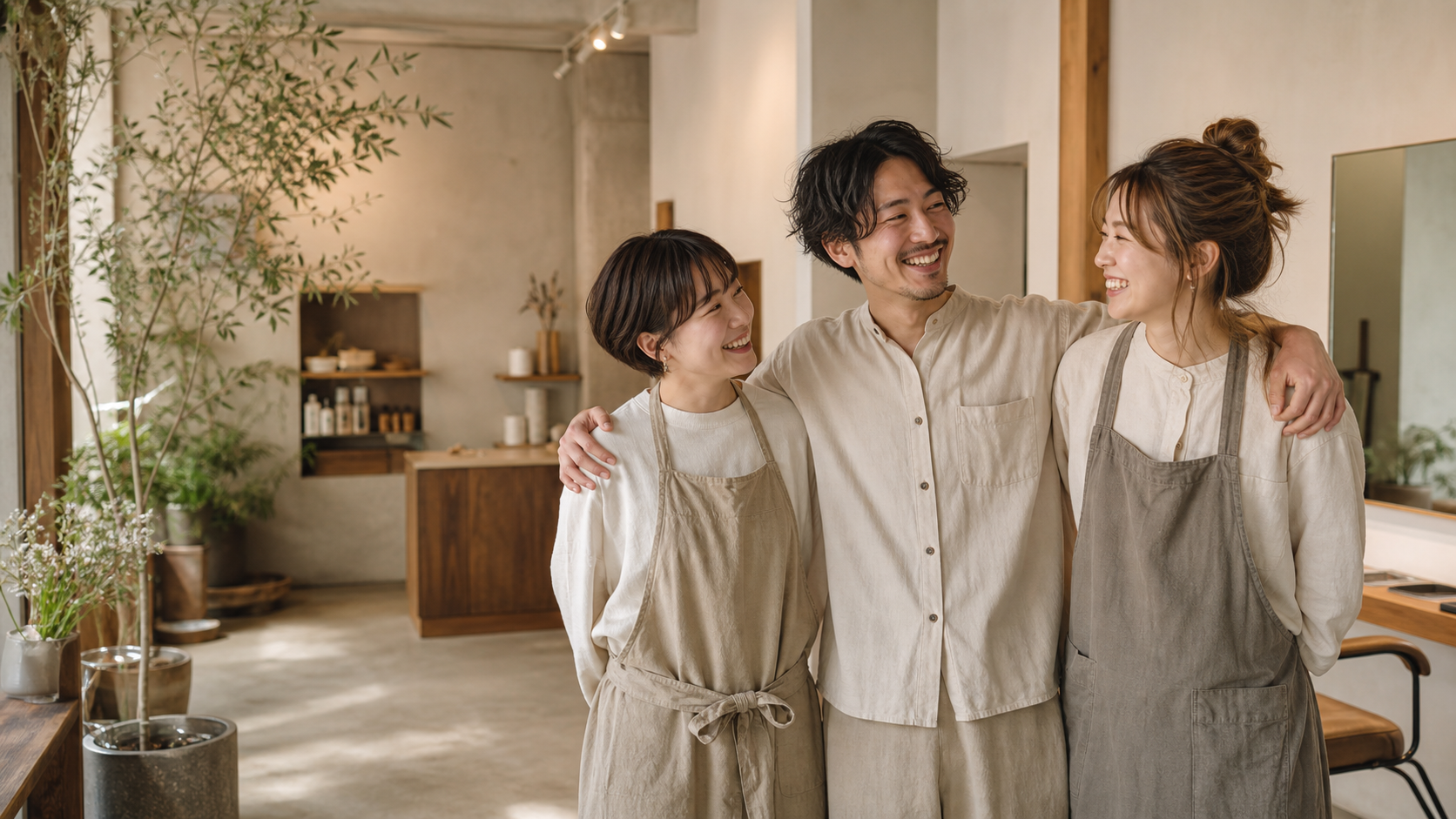 美容師のスタッフが肩を組んで笑っている様子